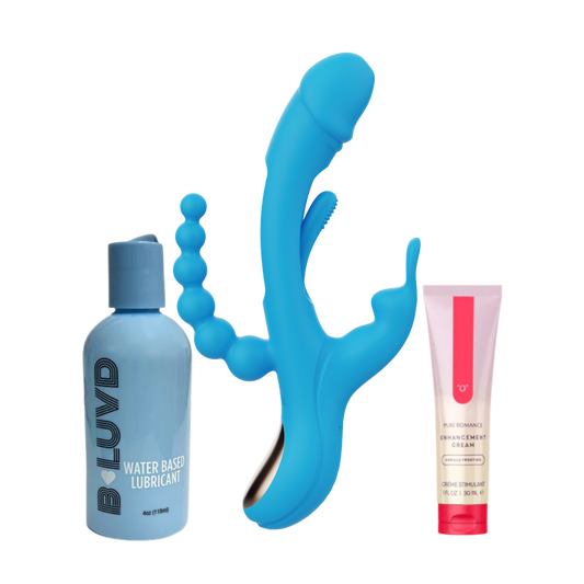 A blue bottle of BLuvd Water Based Lubricant next to a blue Trilux Vibrator and a tube of "O" Enhancement Cream.