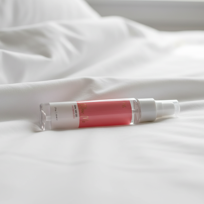Small bottle of Blow Me with a pink cap on a white fabric background