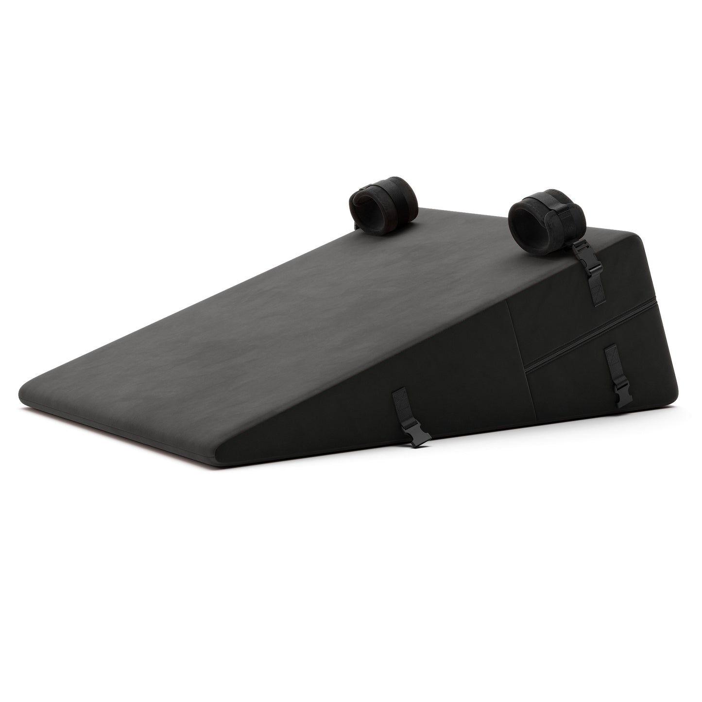 A black Bondage ramp, Bedroom Furniture by Liberator with handcuffs on a white background.