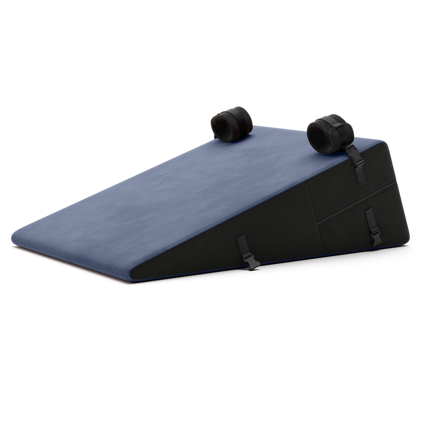 A blue Bondage ramp, Bedroom Furniture by Liberator with handcuffs on a white background.