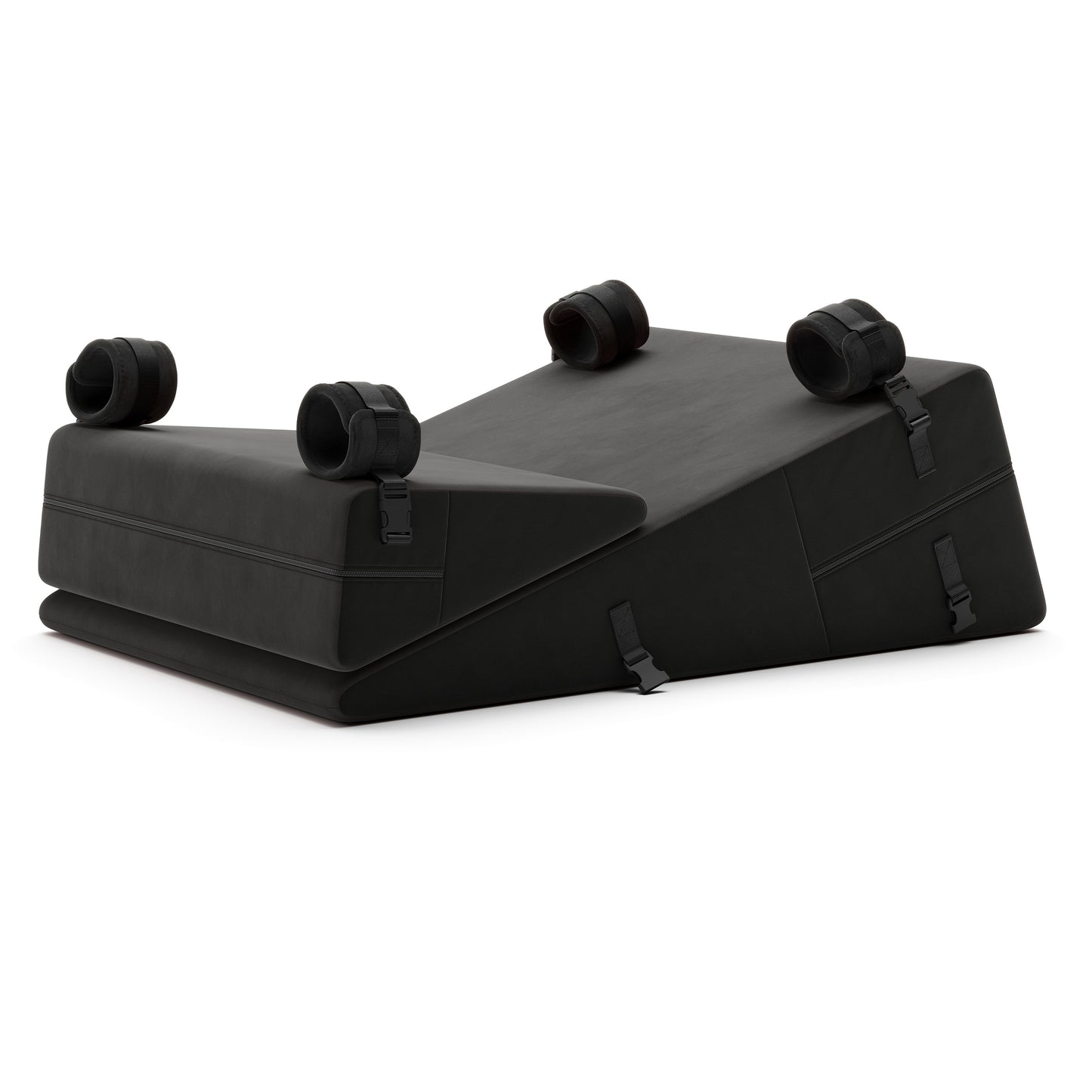 A set of black Bondage ramp and wedge, Bedroom Furniture by Liberator with handcuffs on a white background.