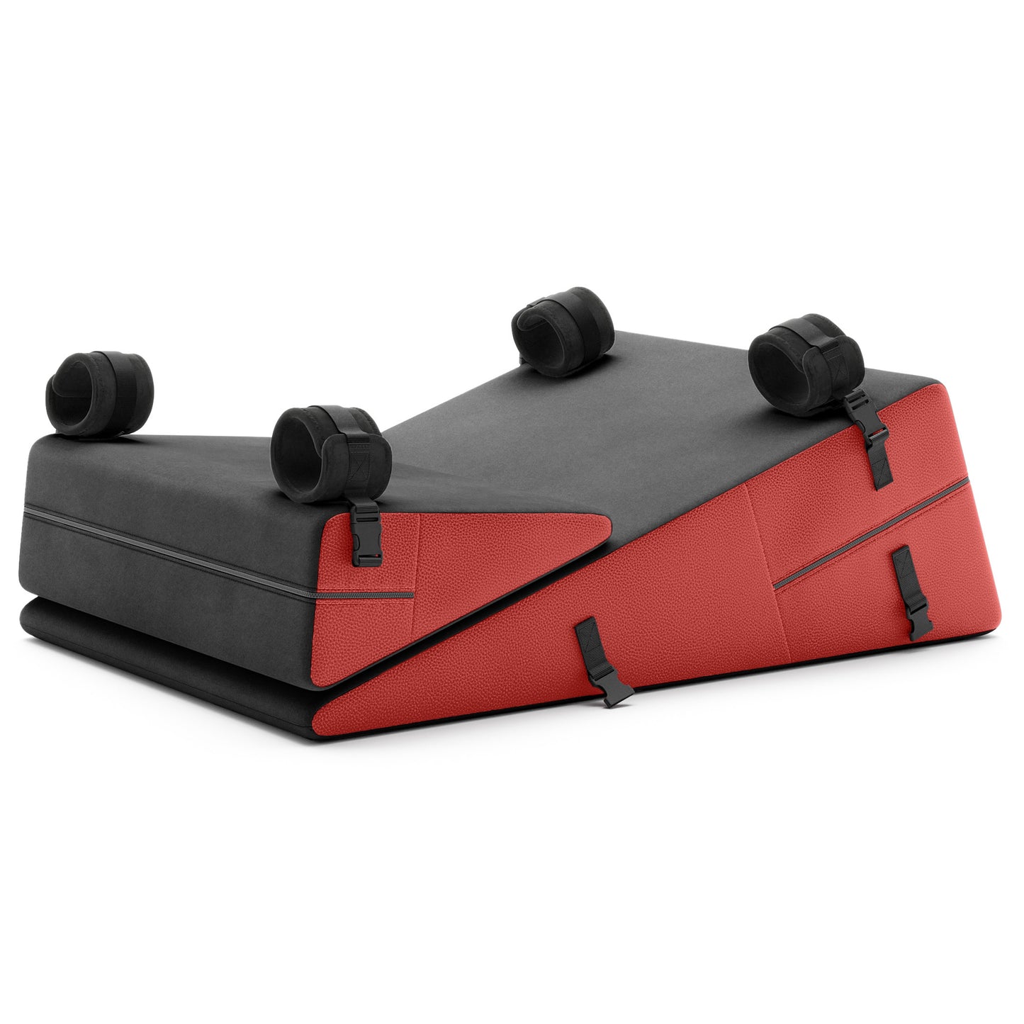 A set of dogwood red ultraleather Bondage ramp and wedge, Bedroom Furniture by Liberator with handcuffs on a white background.