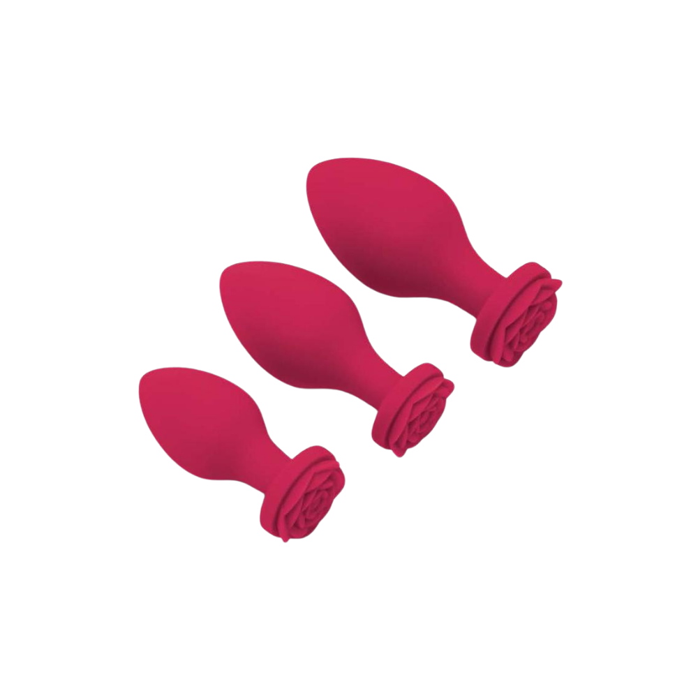 A set of three red Bouquet Anal Trainers in different sizes.