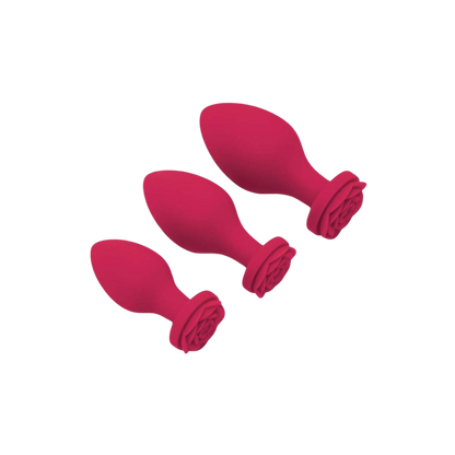 A set of three red Bouquet Anal Trainers in different sizes.