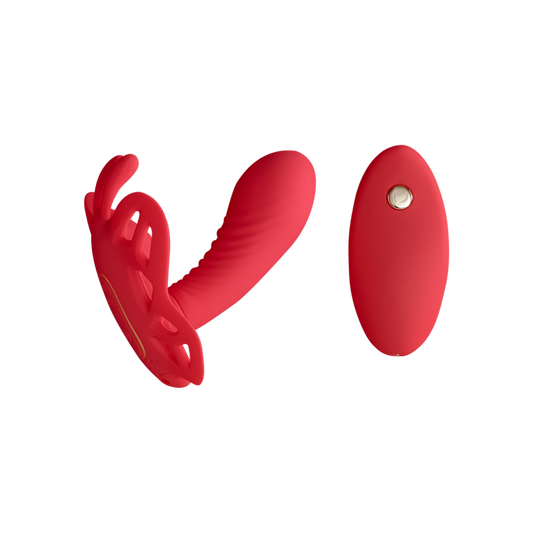 A red Butterfly Effect pany vibrator by Euforia with the remote.