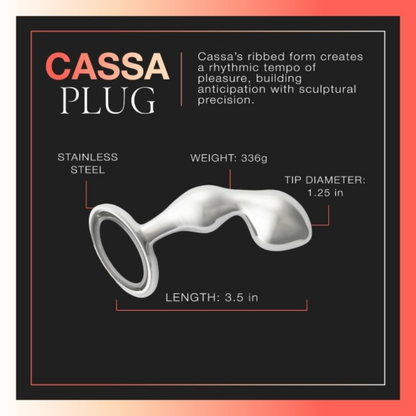 A silver Cassa plug against a black background showing the measurements.