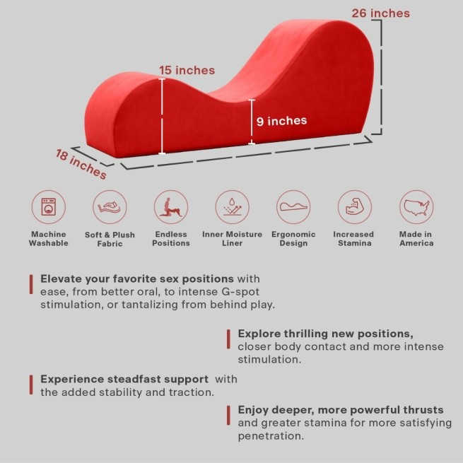 A red Cello Chaise on a grey background showing the details and uses of the piece.