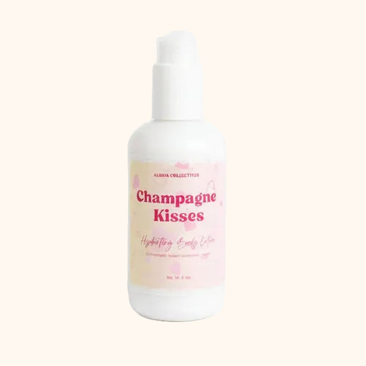 Bottle of 'Champagne Kisses' body lotion by Aloha Collectives on a white background.