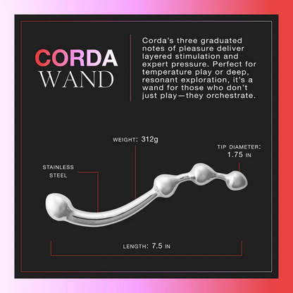 A stainless steel Corda Wand against a black background showing the measurements.