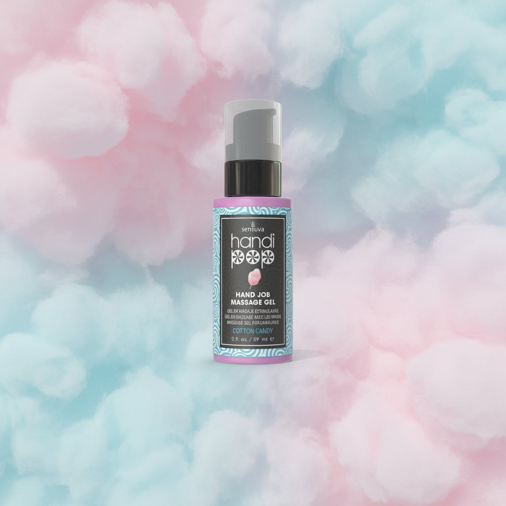 Hand job massage gel bottle on a cotton candy background