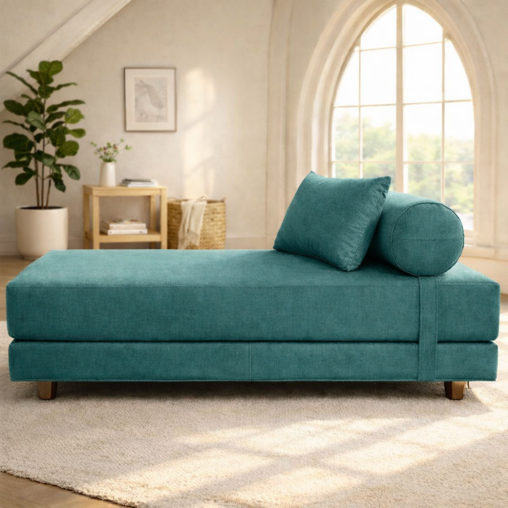 Blue Divan Daybed concealing the straps in a living room