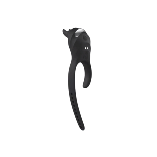 A black Dark Knight, vibrating ring Bedroom Toy by Euforia with the ring unfastened.