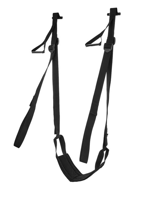 Door Jam Sex Sling by Sportsheets, black adjustable straps with padded seat hanging from a door