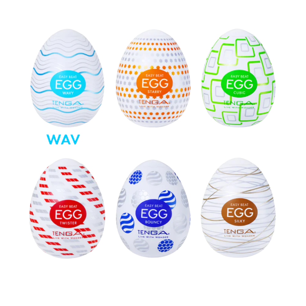 Six Tenga Egg products with different designs and branding on a white background