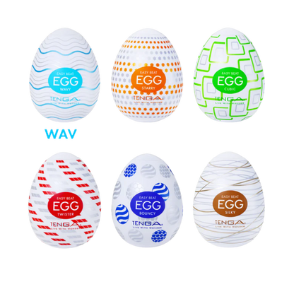 Six Tenga Egg products with different designs and branding on a white background