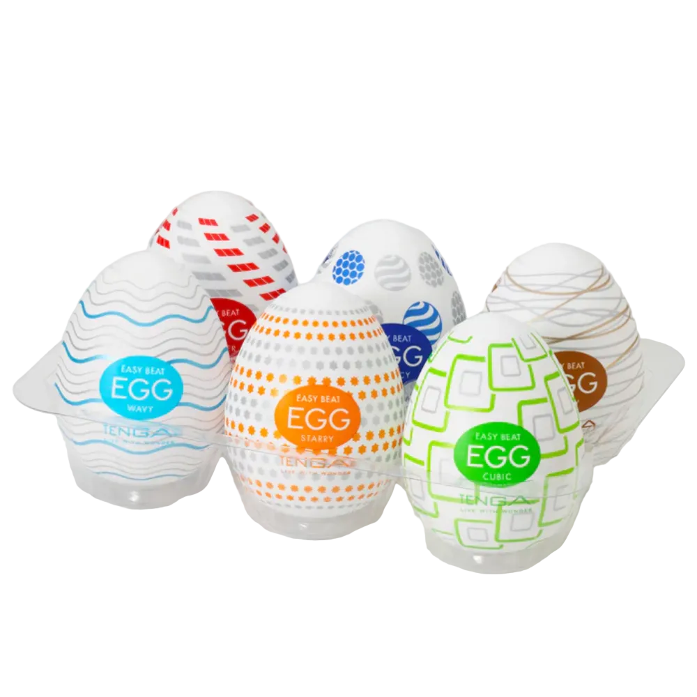 Six colorful egg-shaped containers with brand logos on a white background