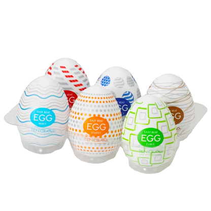 Six colorful egg-shaped containers with brand logos on a white background