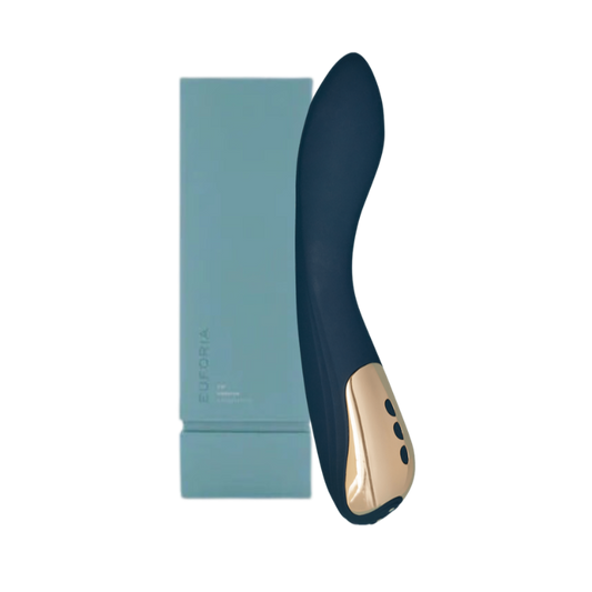 A blue V39 vibrator by Euforia sitting against its box.