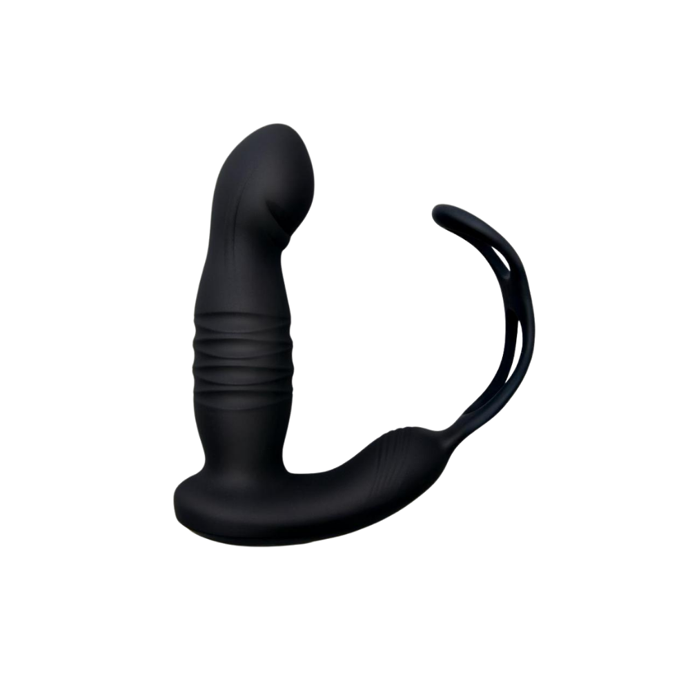 A black Thruster vibrating plug with an attached stamina ring.
