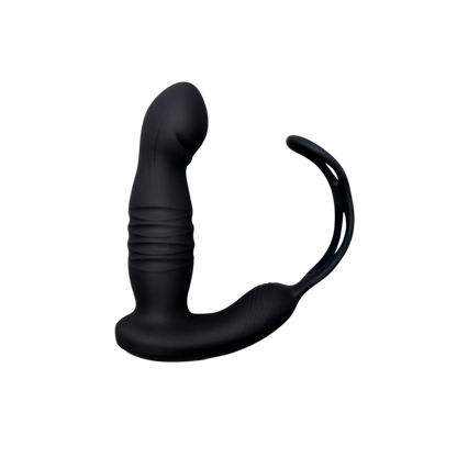 A black Thruster vibrating plug with an attached stamina ring.
