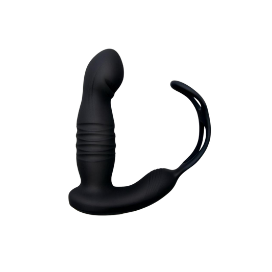 A black Thruster vibrating plug with an attached stamina ring.