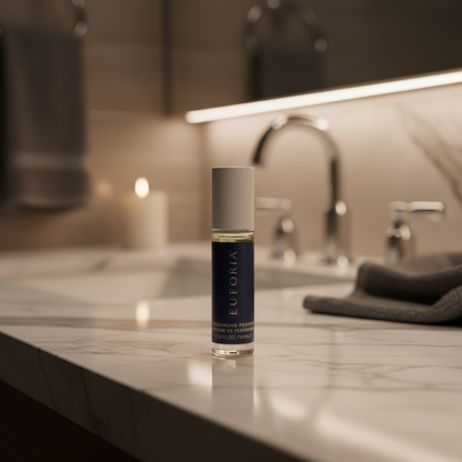 Euforia pheromone perfume bottle on a bathroom counter