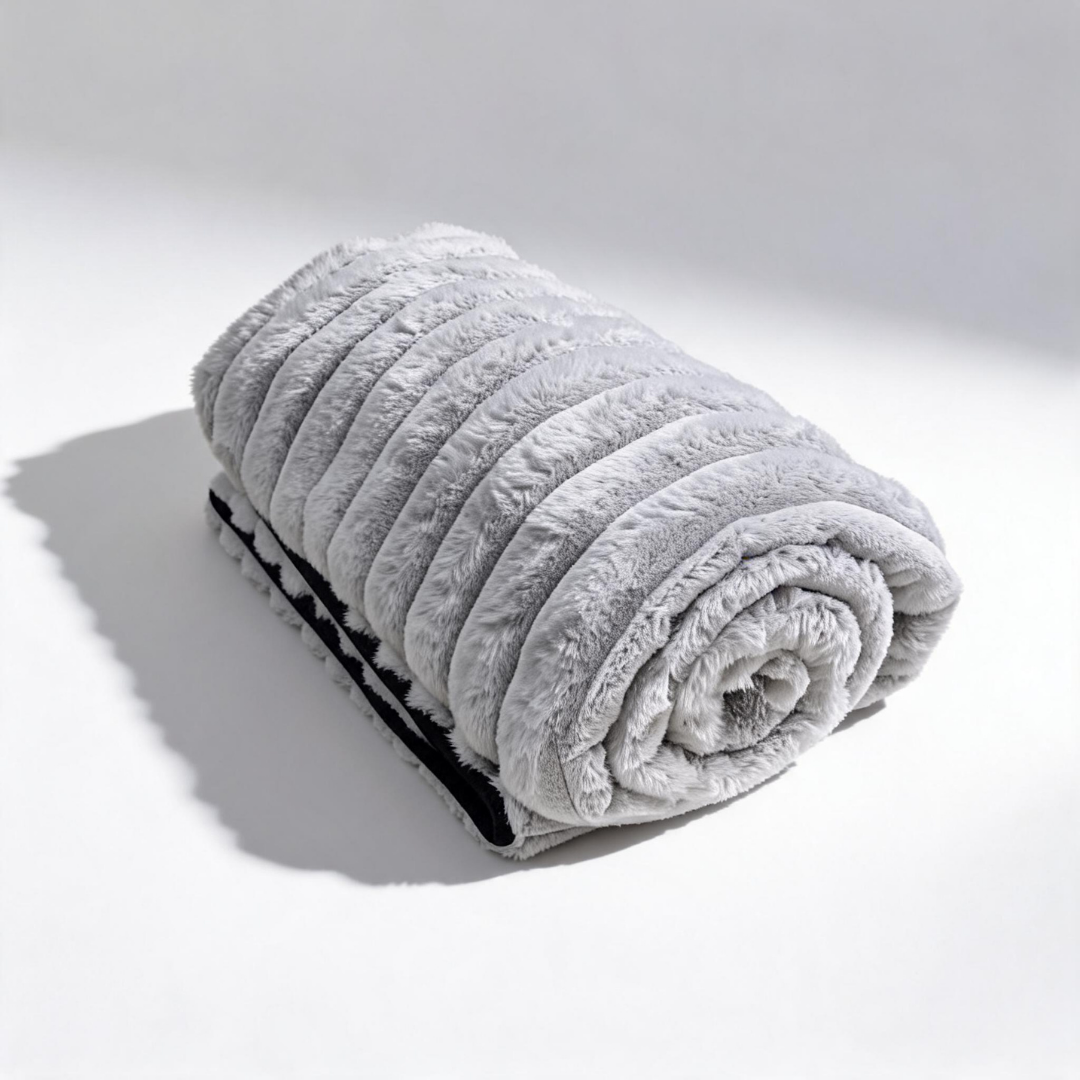A grey Fascinator Luxe Splashproof Fur blanket rolled up on a white background.