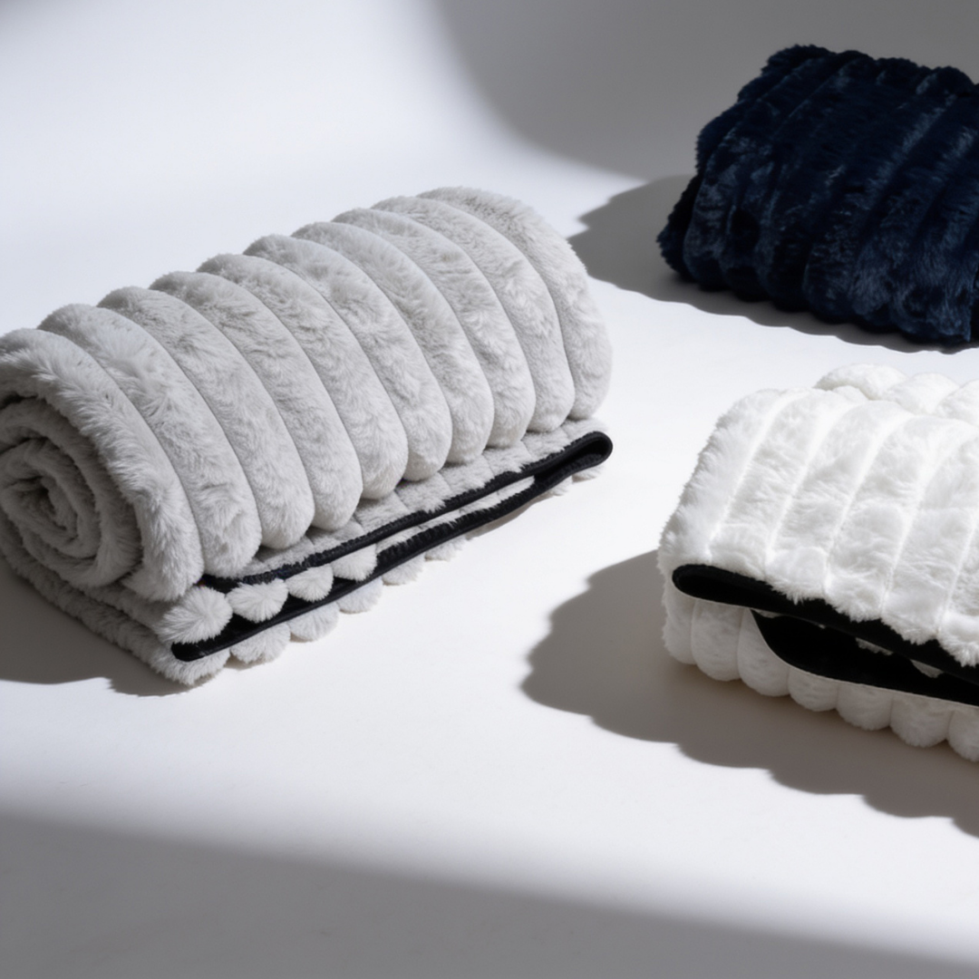 A white, grey and black Fascinator Luxe Splashproof Fur blanket rolled up sitting against a white background.