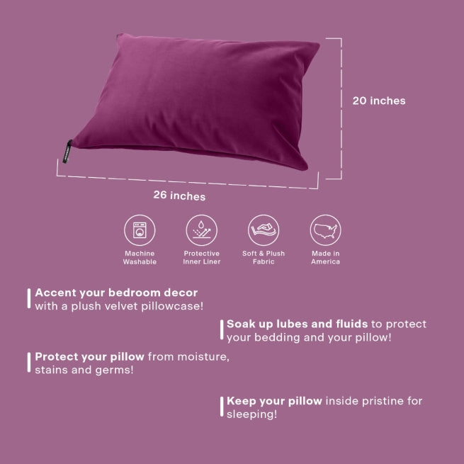 An Aubergine Fascinator pillow, Bedroom Furniture by Liberator on a aubergine background showing the dimensions and description.