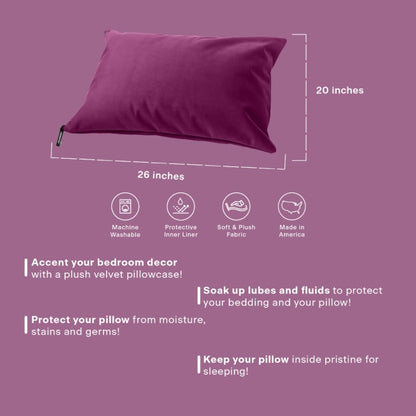 An Aubergine Fascinator pillow, Bedroom Furniture by Liberator on a aubergine background showing the dimensions and description.