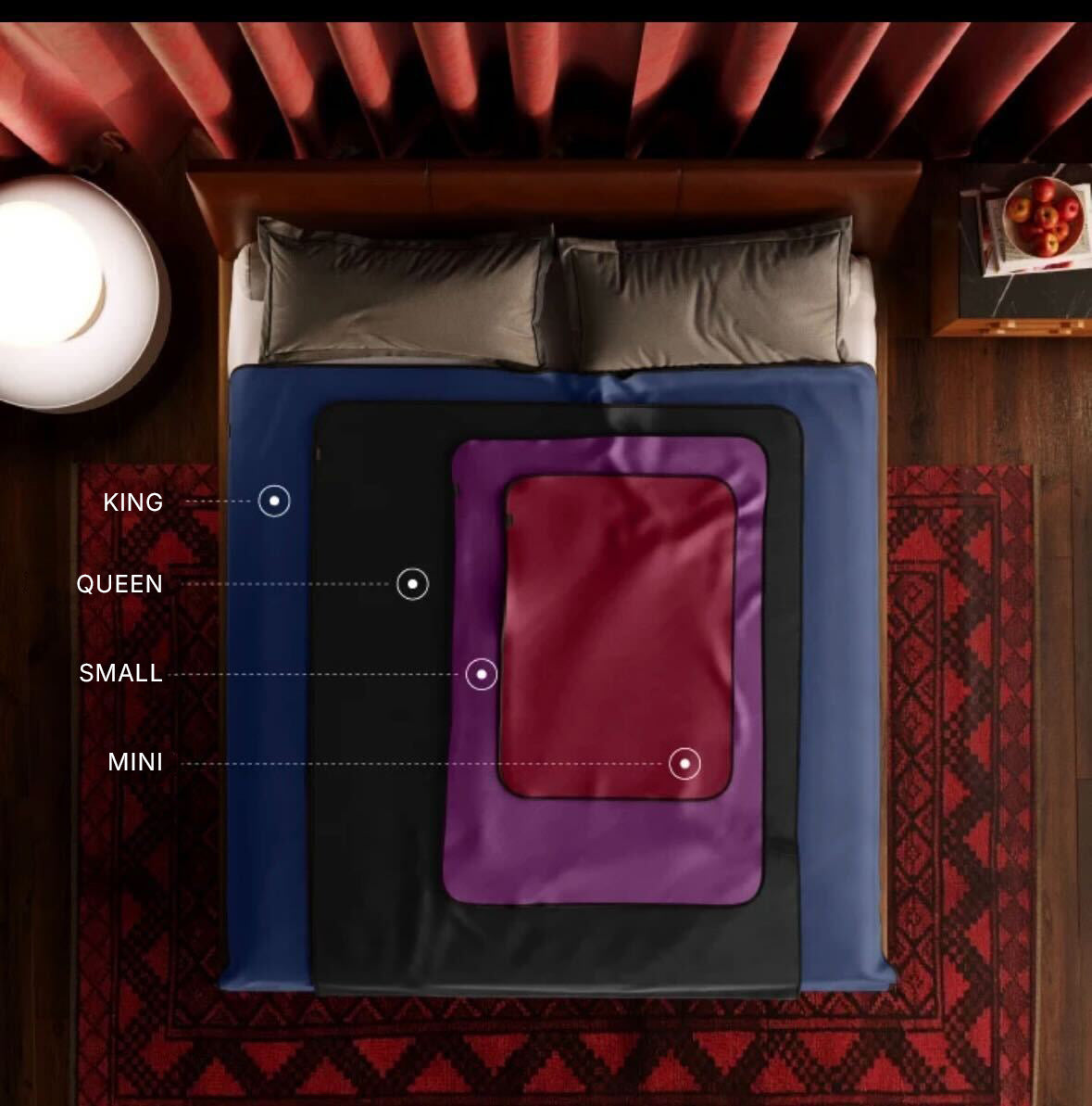Sizes of fascinator blankets shown on a king sized bed.