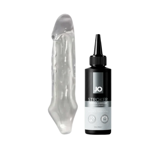 Clear silicone extender with black bottle of stroker lubricant on a white background
