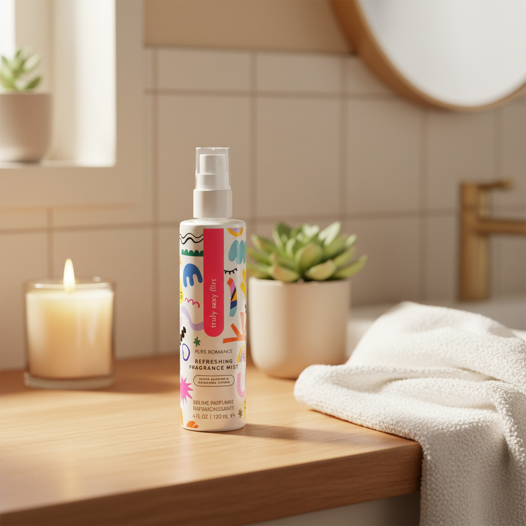 Bottle of flirt refreshing fragrance mist on a bathroom counter