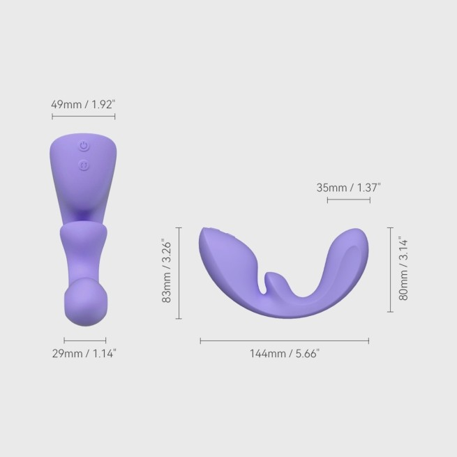 Two purple Flow, Bedroom Toy Vibrator by Liberator against a white background showing the dimensions.
