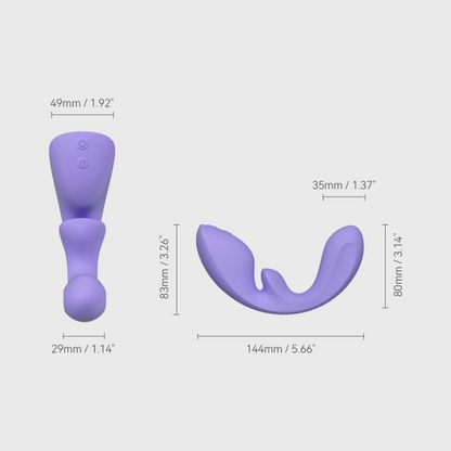 Two purple Flow, Bedroom Toy Vibrator by Liberator against a white background showing the dimensions.