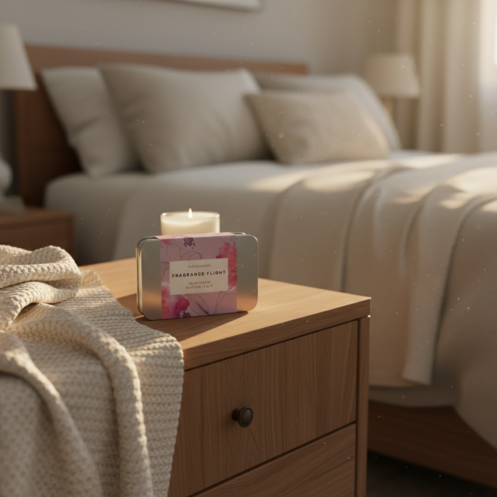 Fragrance flight packaging with floral design on a bedside table 