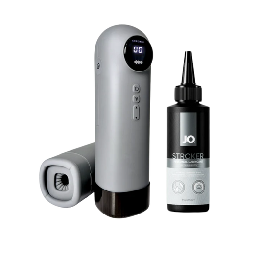 A tall grey male sleeve Total package and lubricant bottle on a white background