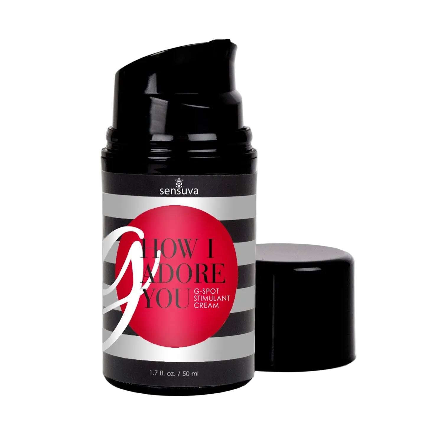Sensuva G How I Adore you  enhancement cream product container with black lid and striped label with its lid off sitting beside it.