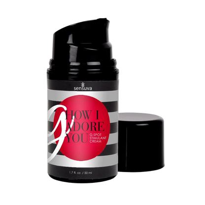 Sensuva G How I Adore you  enhancement cream product container with black lid and striped label with its lid off sitting beside it.