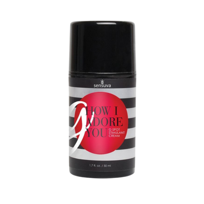 Sensuva G How I Adore you  enhancement cream product container with black lid and striped label.