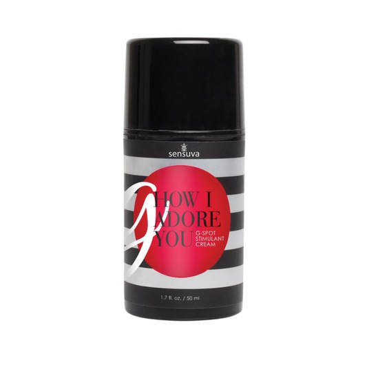 Sensuva G How I Adore you  enhancement cream product container with black lid and striped label.