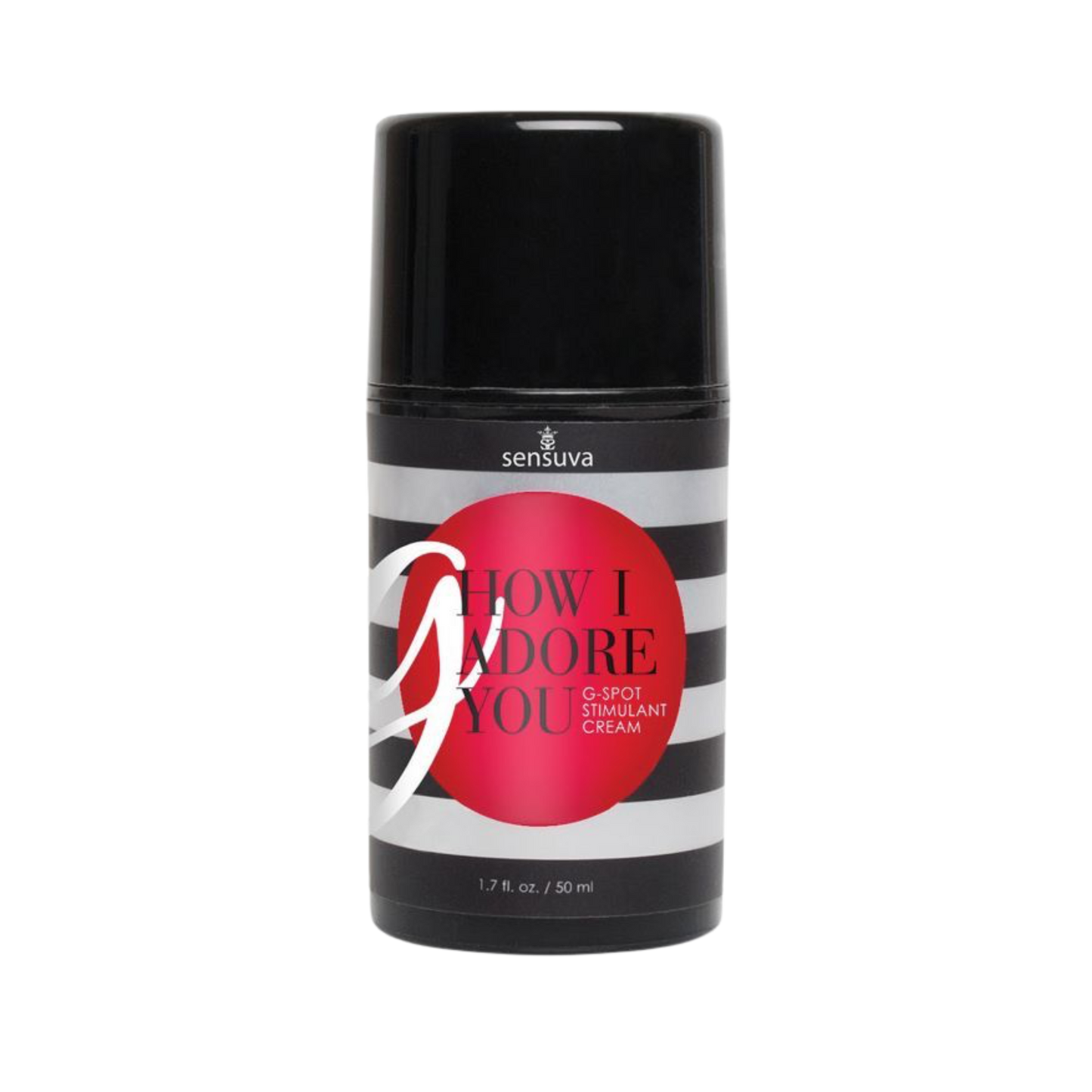 Sensuva product container with black lid and striped label on a white background