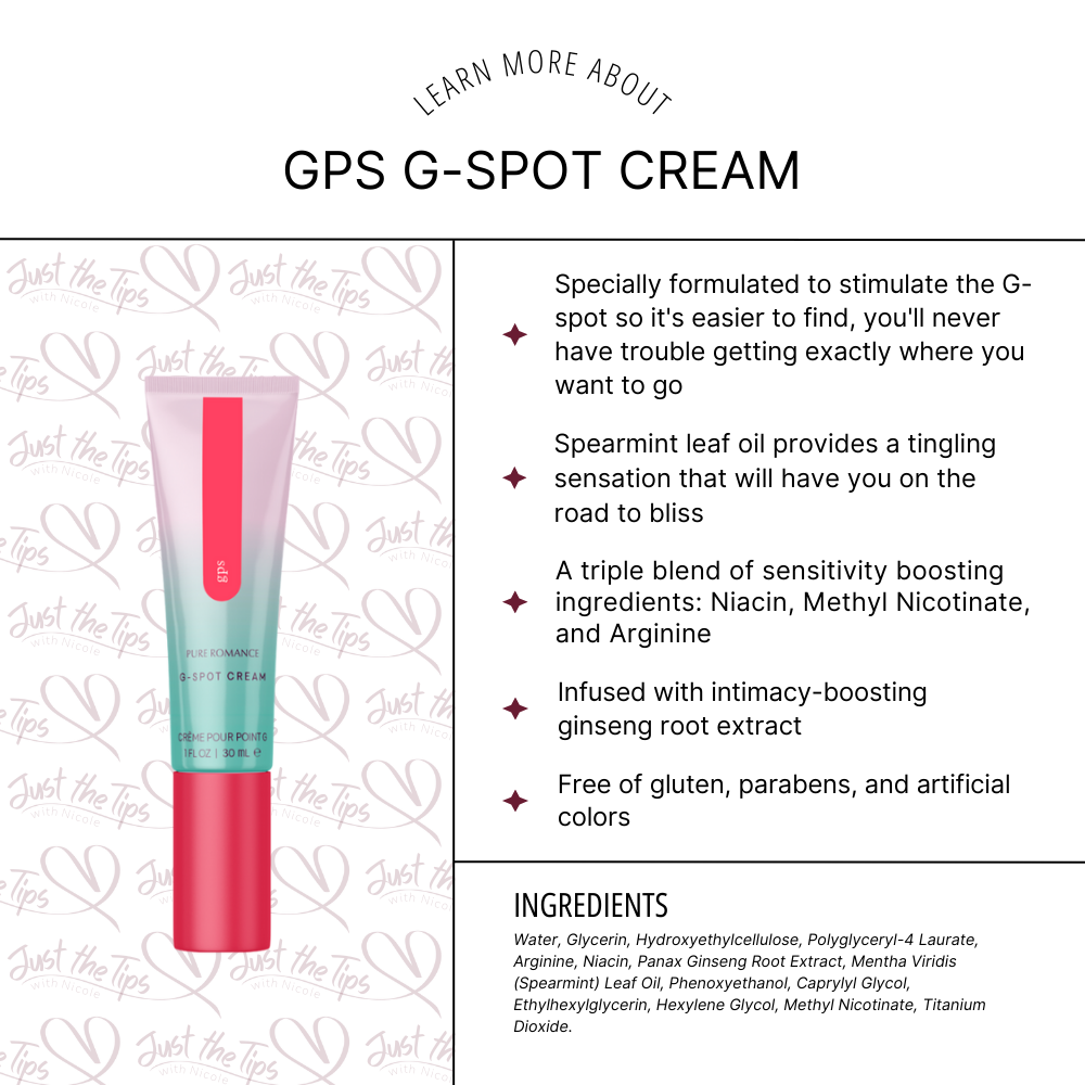 A green and red bottle GPS, G-Spot Enhancers by Euforia on a white background showing the information about the cream.