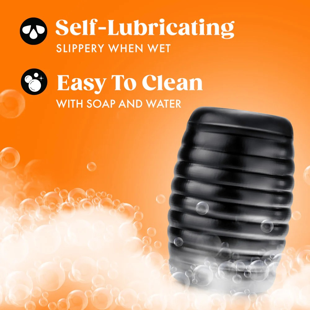Black male sleeve on a orange background showing it is lubricated and easy to clean.