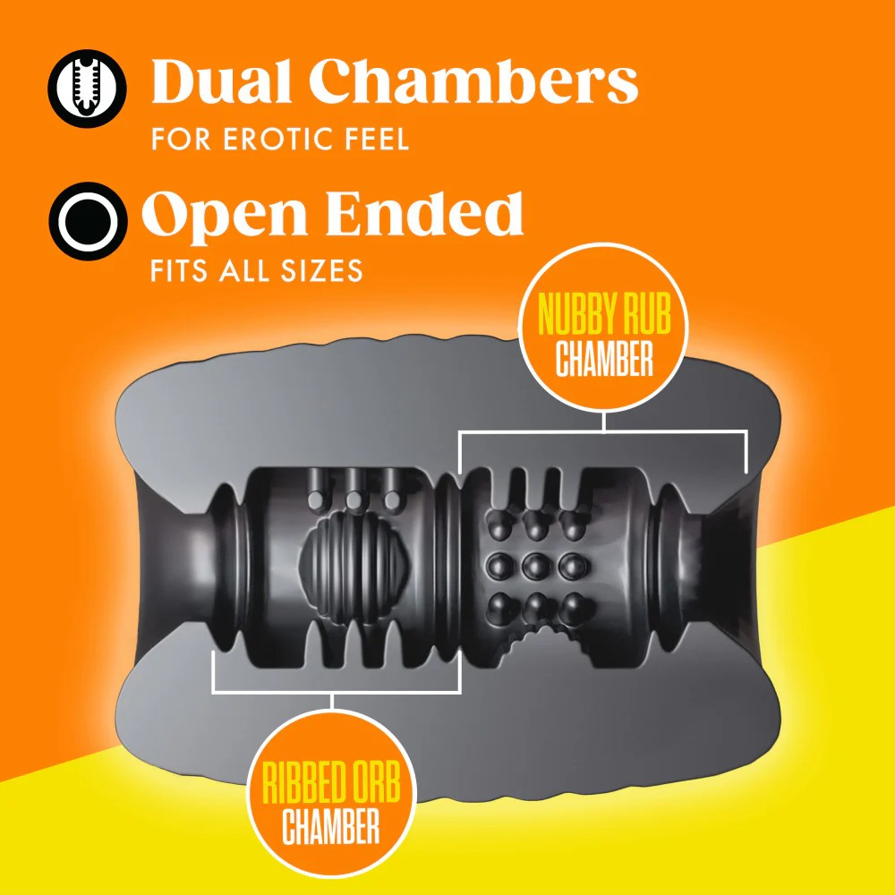 The interior of a Black male sleeve on a yellow and orange background showing the chamber and nubs inside.