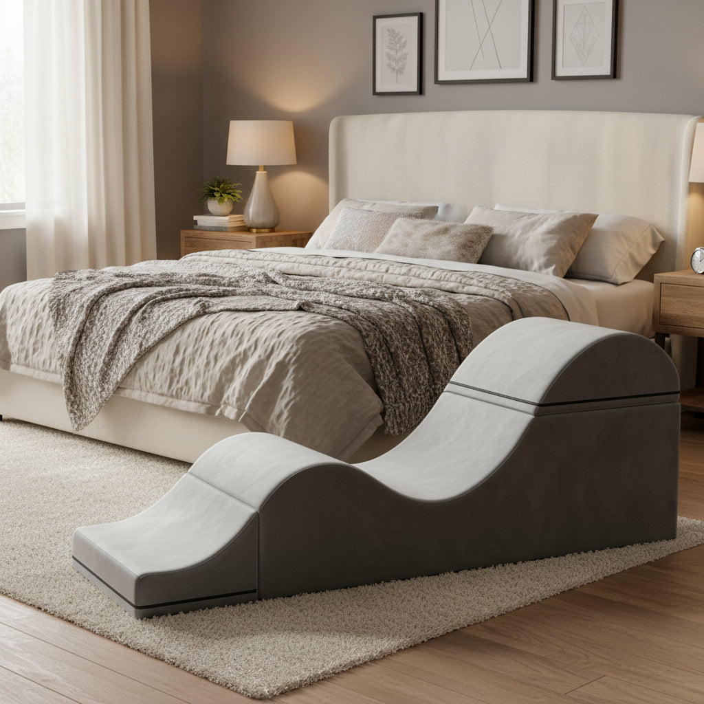 A Gray chaise lounger unfolded in infront of a bed.