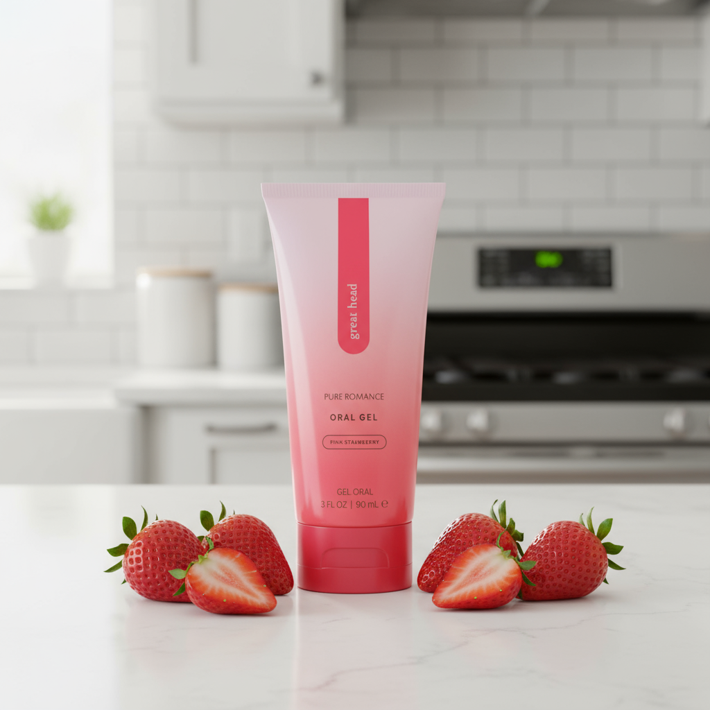 A red and white bottle of Great Head strawberry by Euforia in a kitchen sitting by strawberries.