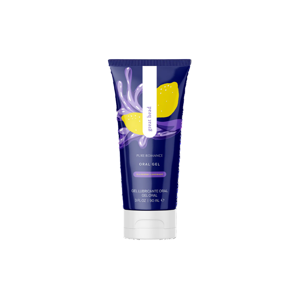 A tube of personal lubricant with a blue and purple label, featuring illustrations of a lemon and a strawberry. The product is named 'GREAT HEAD' in bold, white letters.
