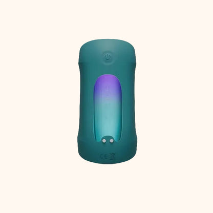 A green Gush 2 male masturbator against a white background showing the inside.