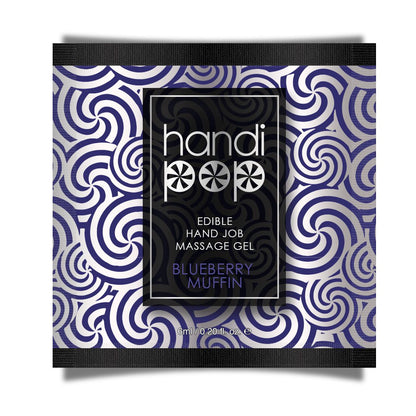 A blue and white box of the sample sample packets of Handipop Blueberry muffin Eidble Hand job massage gel by Sensuva against a white background.